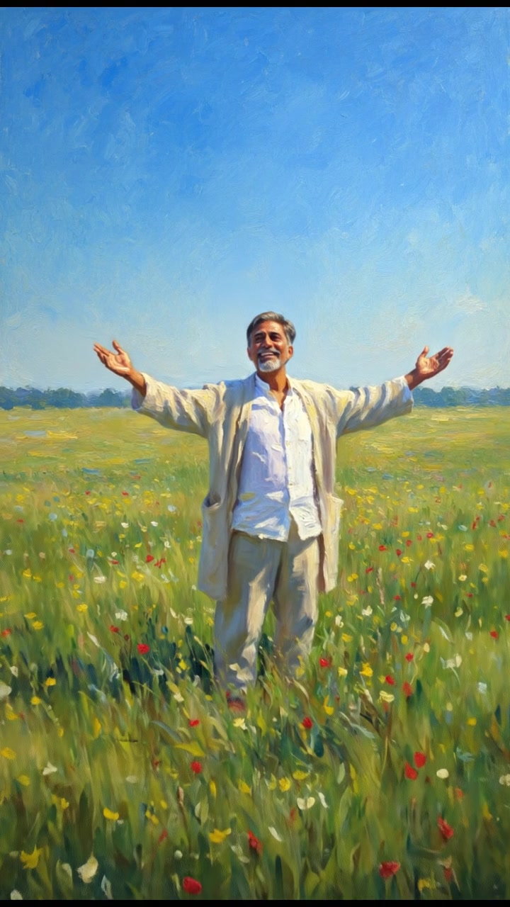 The Raj, smiling, gestures towards a clear blue sky, expressing gratitude with arms open wide in the field.
