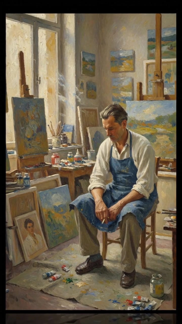 A cluttered artist's studio with scattered canvases and paint supplies, showcasing Omar looking contemplative.