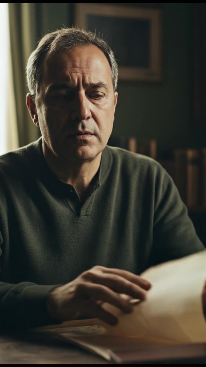 A close-up of the Omar looking at a document in his hand, a worried expression on his face while sitting in his study.
