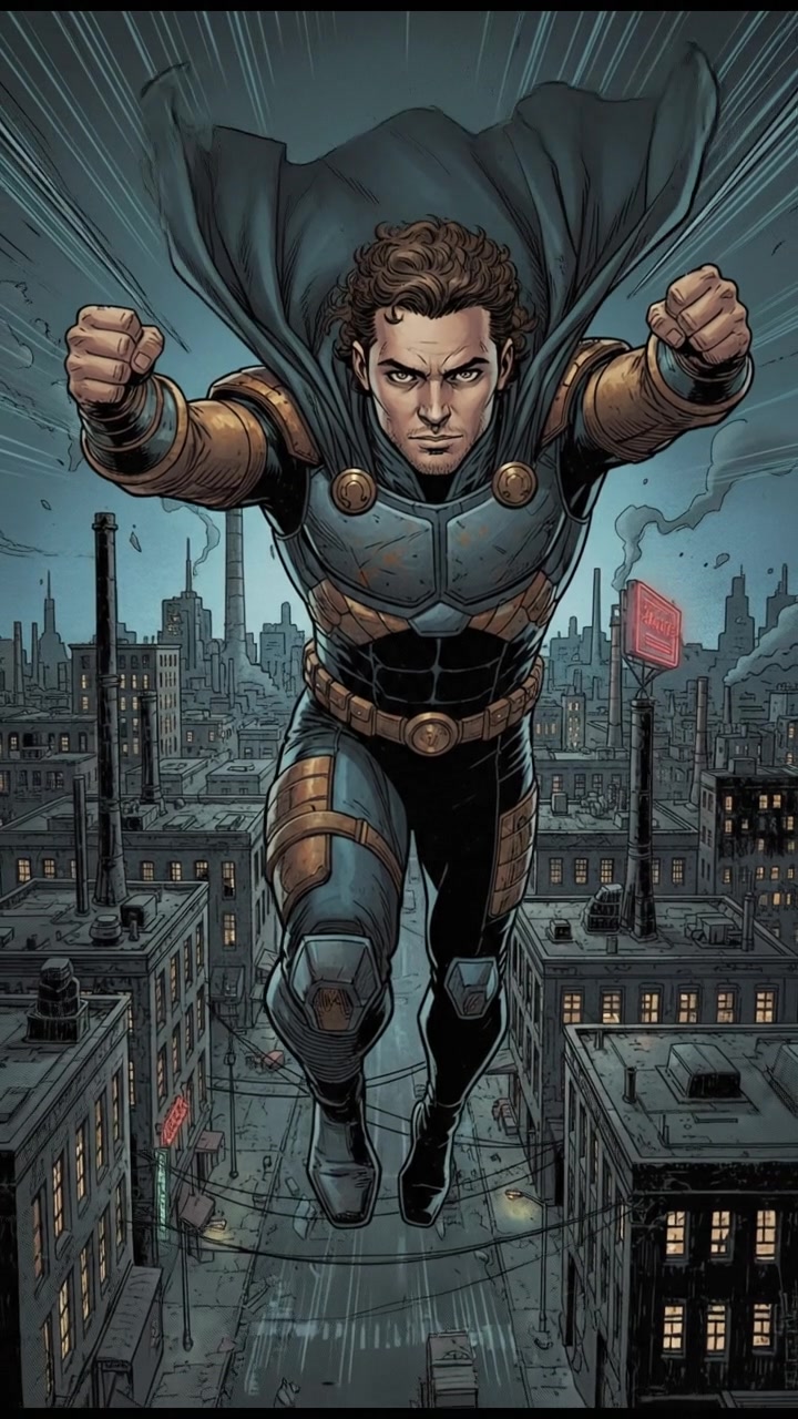 Mateo swinging through the air toward the camera, with the warehouse district below him.