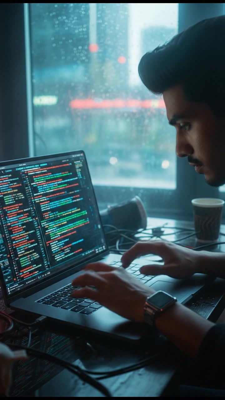 A close-up of Arjun's hand working on a sleek laptop, surrounded by complex programming code on the screen.