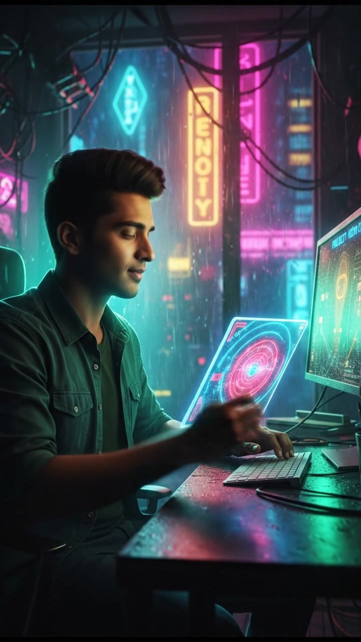 Arjun sitting at a computer, brainstorming ideas with a digital tablet in hand, looking inspired.