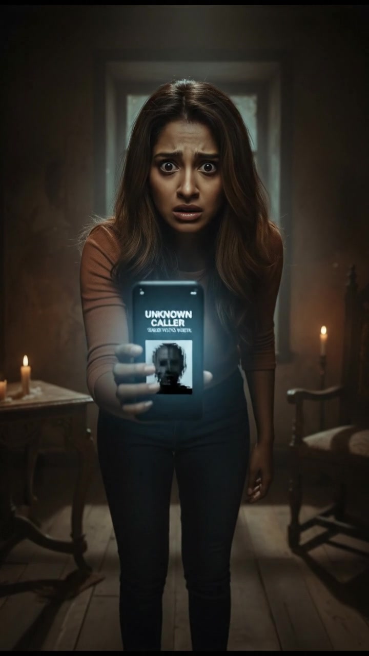 The Priya standing frozen in a dimly lit room, eyes wide in horror, facing the smartphone displaying the notification.