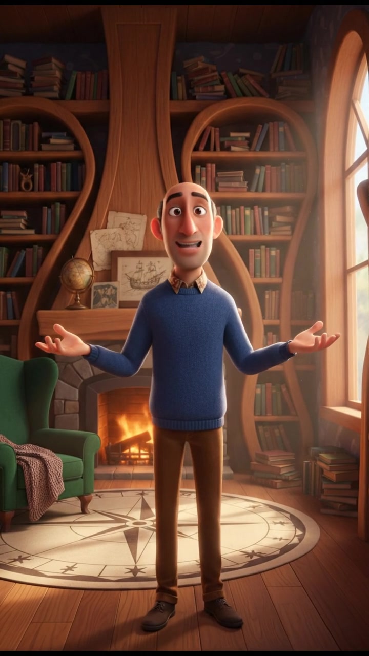 The Carlos stands in a cozy room filled with books, gesturing expressively while speaking.