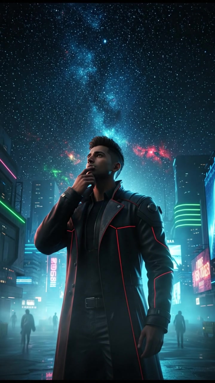 Arjun standing outside under a starry night sky, looking up at the stars with a thoughtful expression.