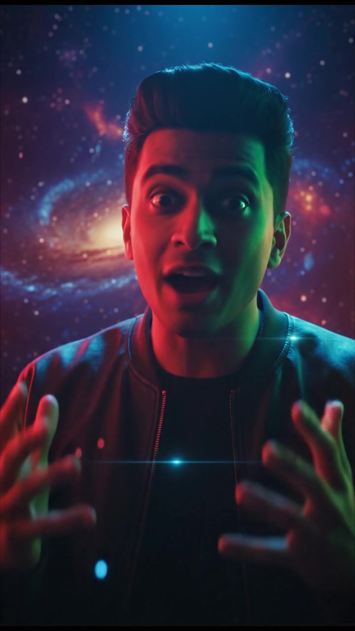 A close-up of Arjun speaking enthusiastically with a backdrop of stars and galaxies.