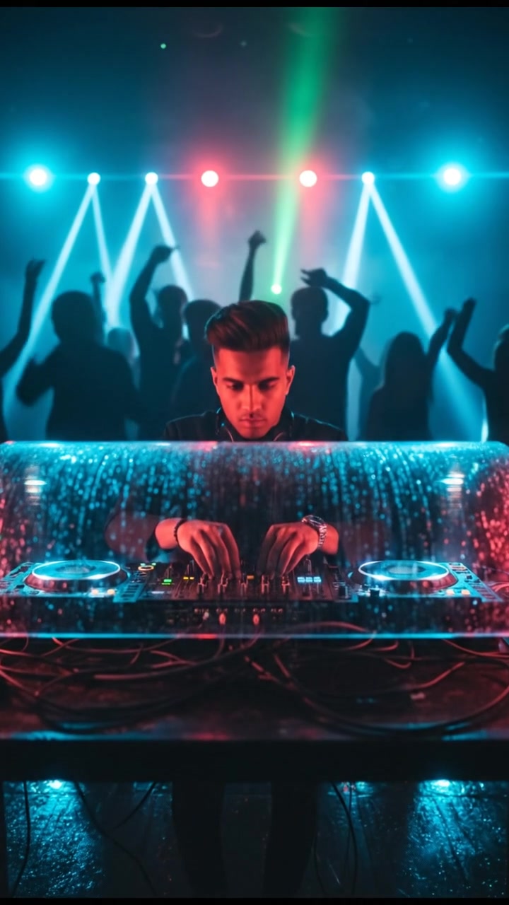 A DJ booth setup with Arjun mixing music, surrounded by vibrant silhouettes of dancing people under pulsating lights.