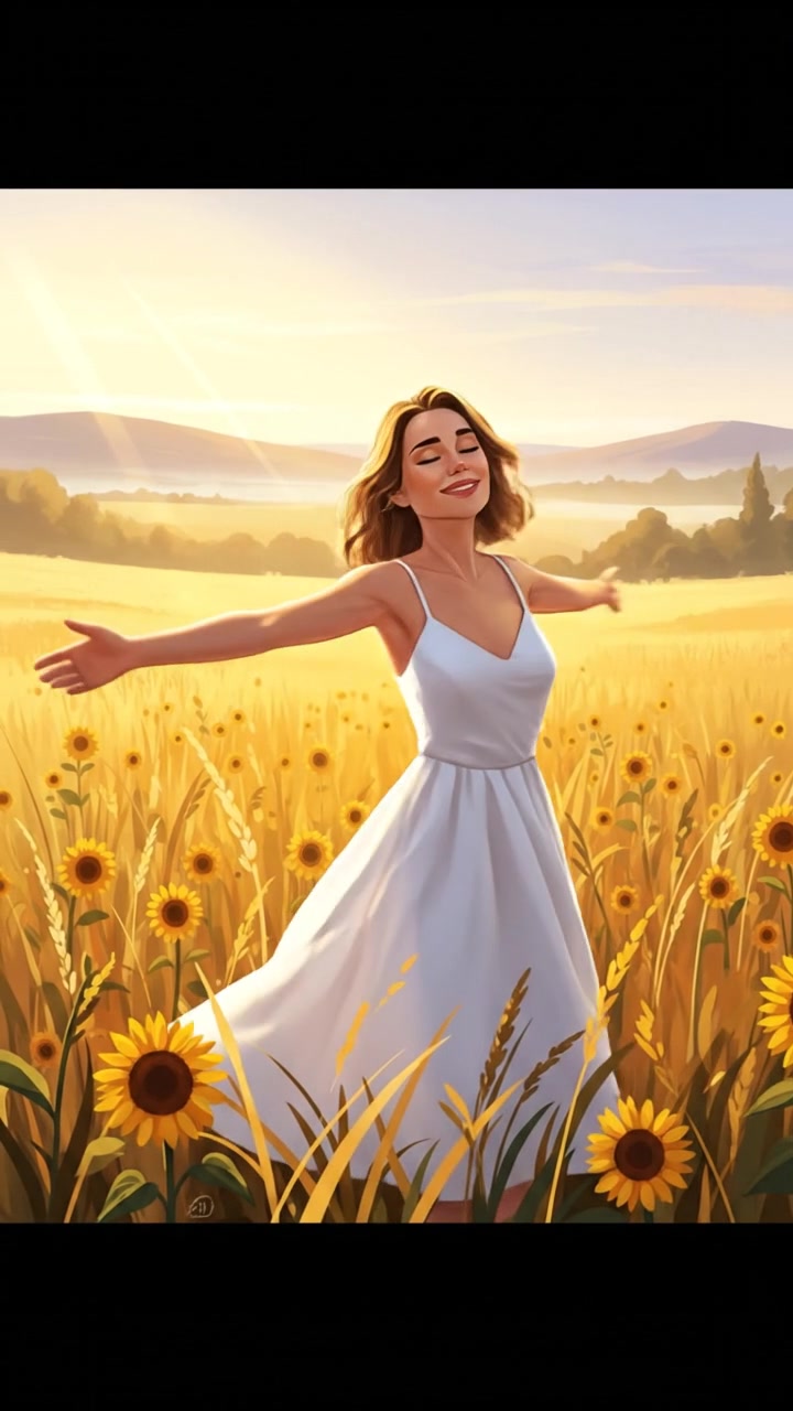 Ashley standing in a sunlit field, with her arms outstretched, embracing the warmth of the sun.
