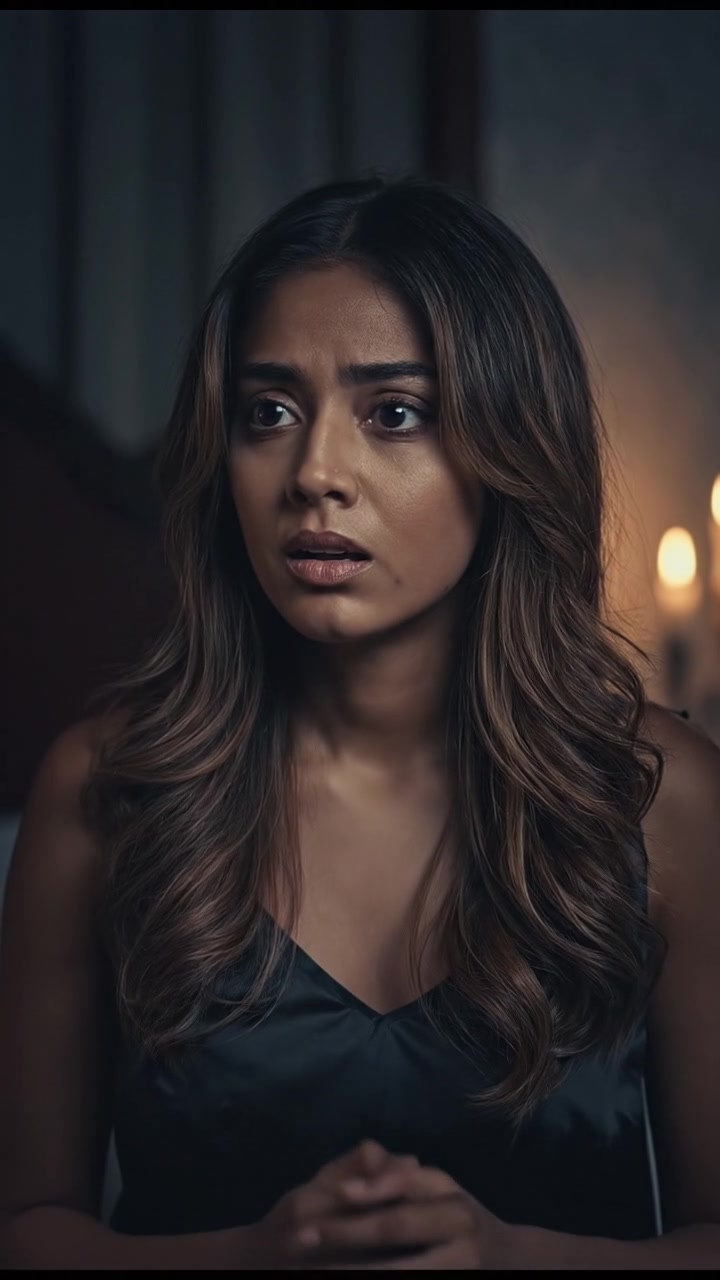 A dark bedroom with Priya sitting in bed, wide awake, looking worried.