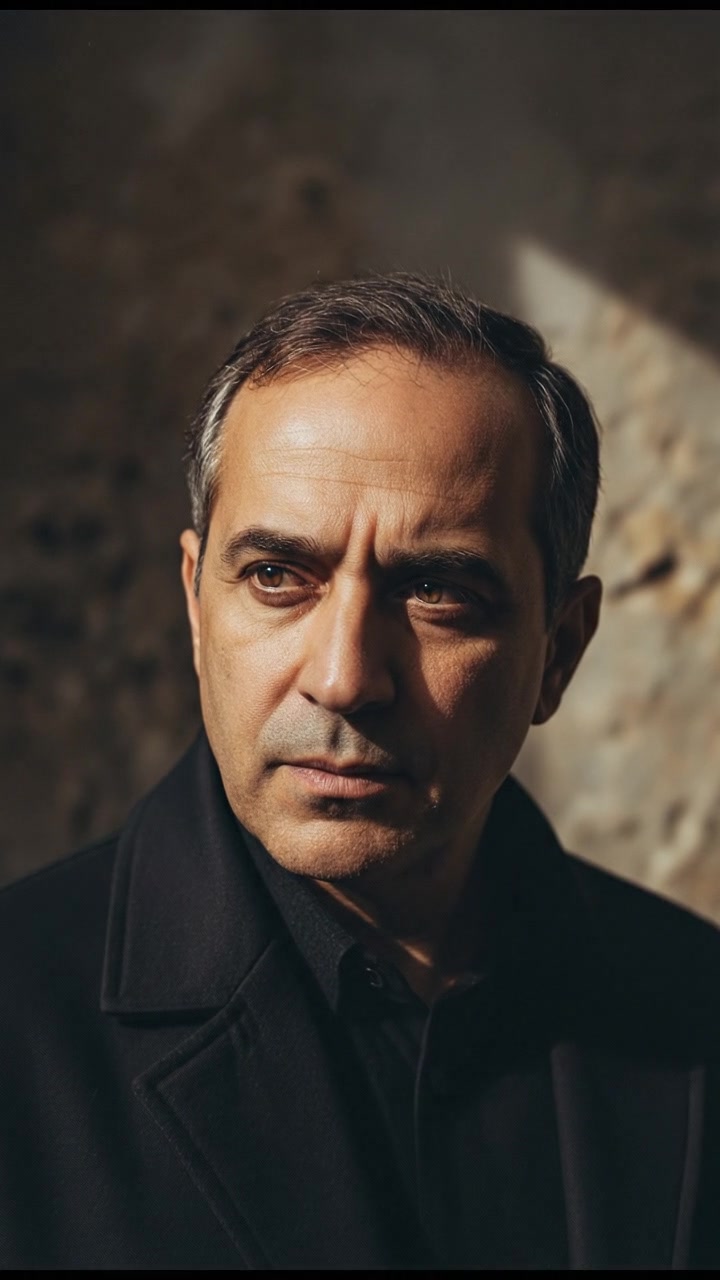 A close-up of Omar, looking contemplative, with shadows indicating a darker side behind his confident expression.