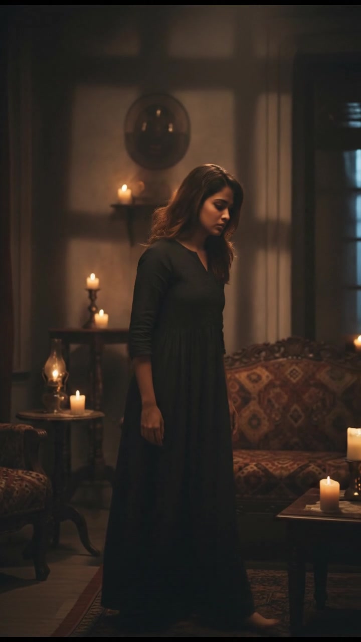 Priya stands in the living room, looking towards the floor with a curious expression.