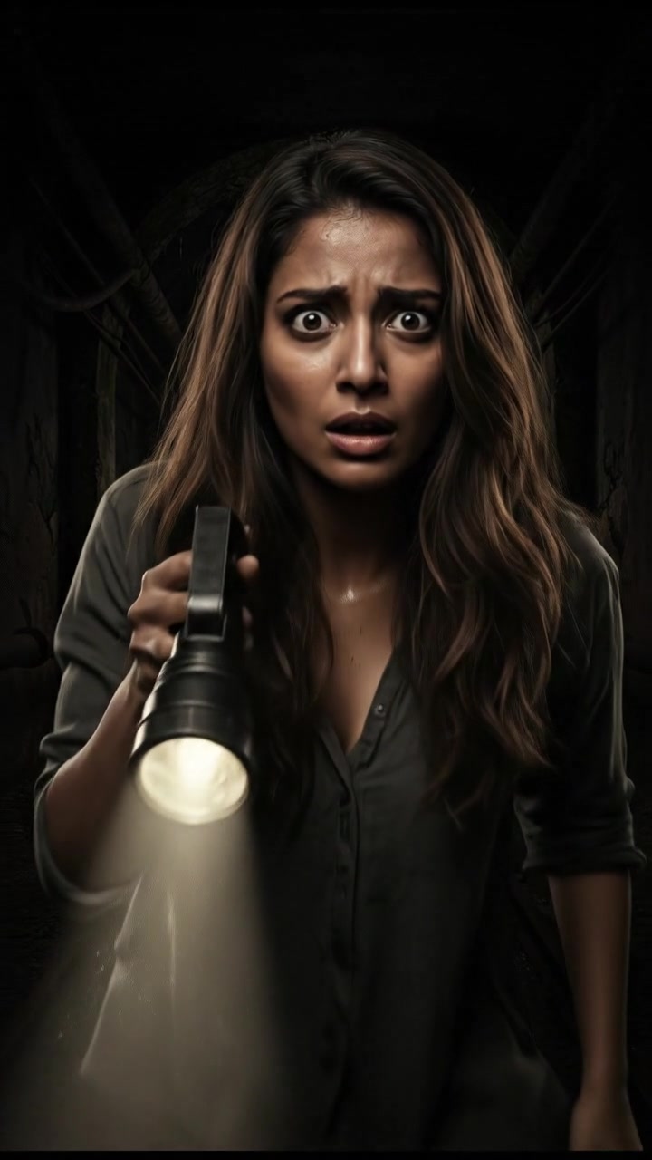 Priya shining the flashlight down into the dark tunnel, her expression scared.