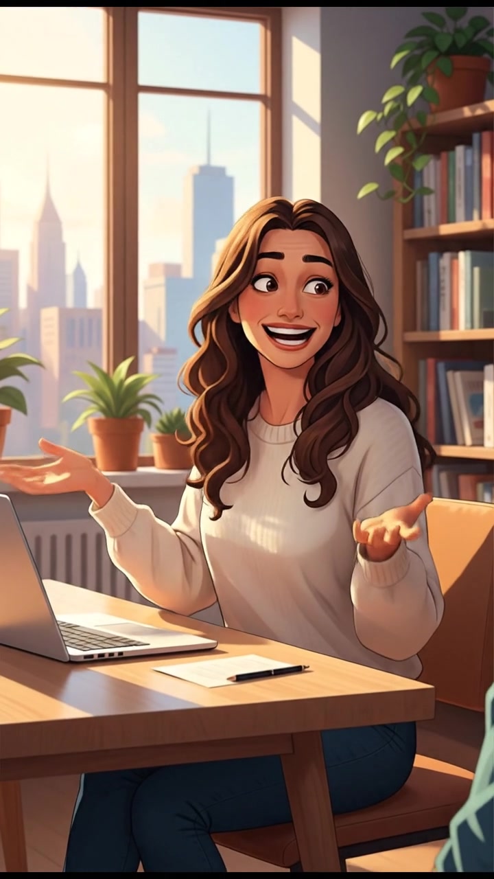 Maya sitting at a desk with a laptop open, animatedly discussing with an unseen person off-screen.