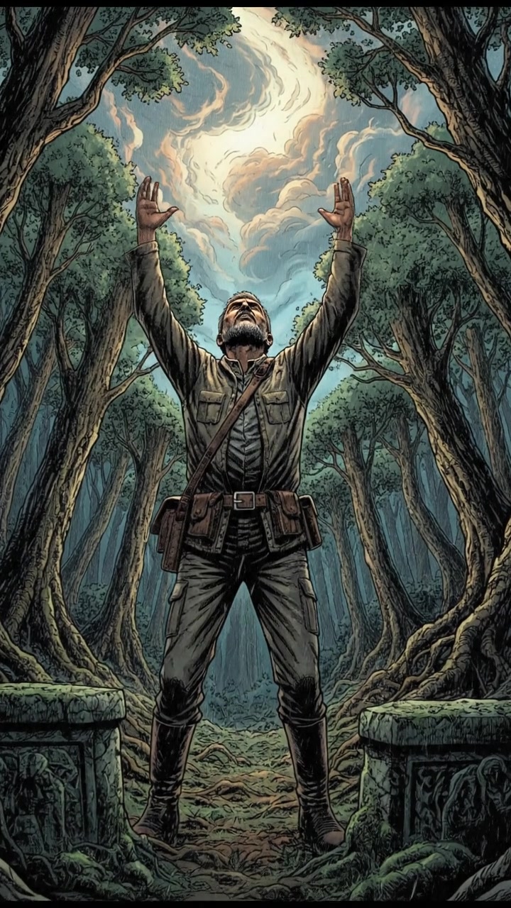 Raj standing in a lush forest, raising his arms towards a bright sky.