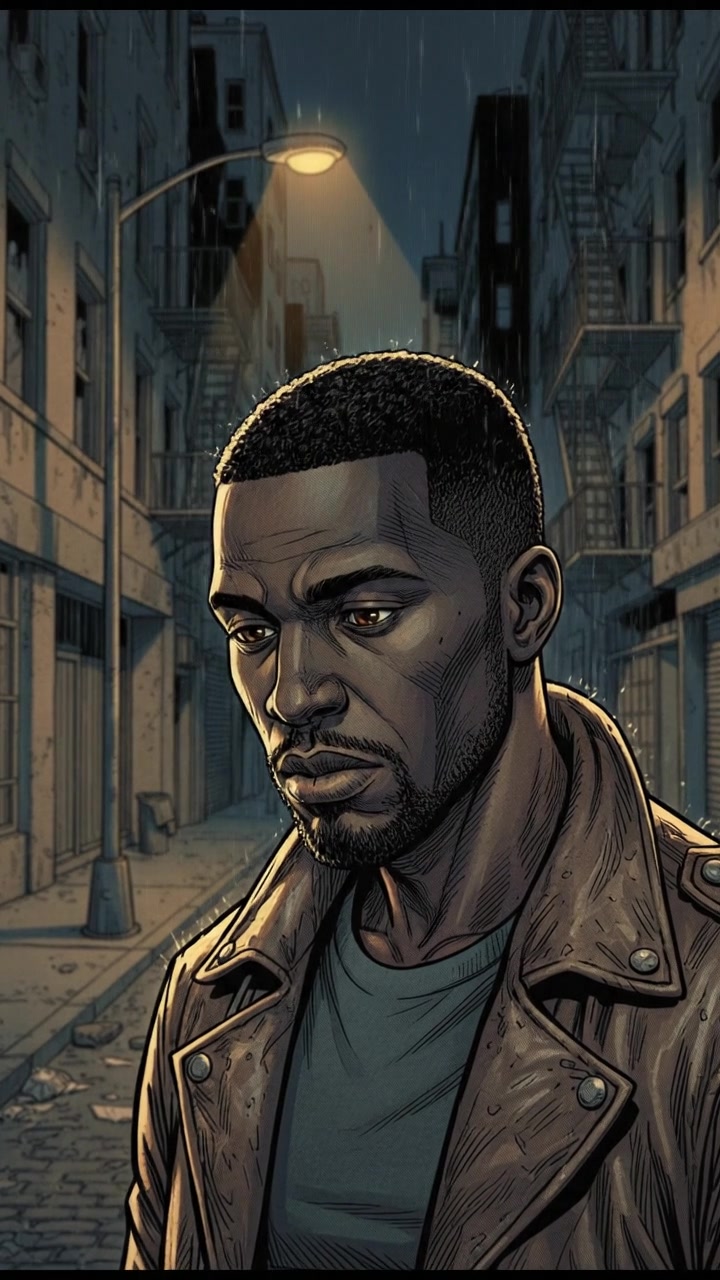 Isaiah standing alone in a quiet street at night, under a street lamp, looking contemplative.