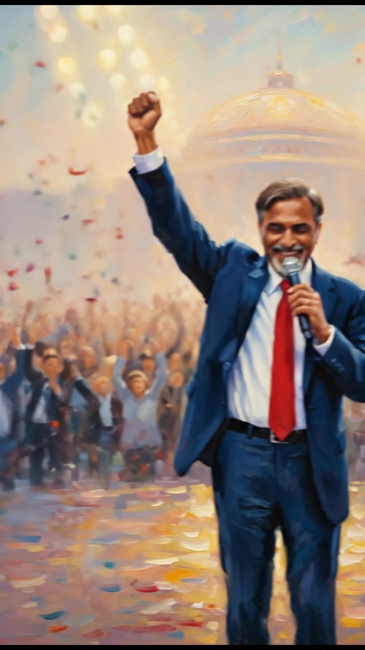 Raj standing on a stage with a microphone, celebrating a victory with a crowd cheering in the background.