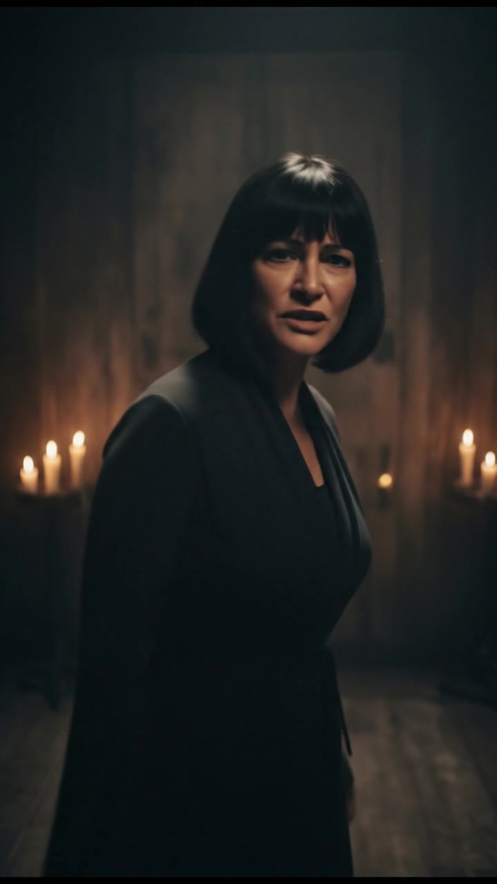 Li standing determined in a dimly lit room, whispering, with a look of vengeance on her face.