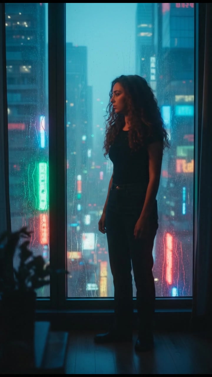 Maya standing by the window of Mr. Henderson's apartment, gazing out with a thoughtful expression.