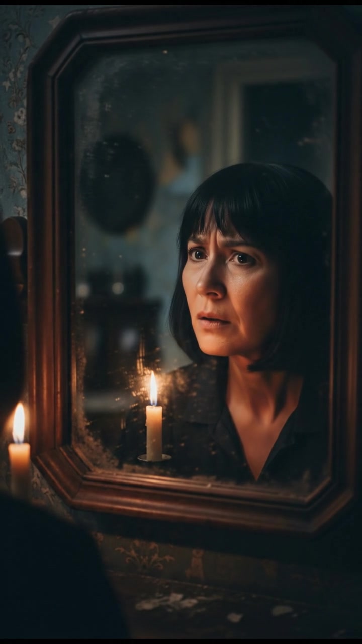 A close-up of Li's face looking into the mirror, her expression turning puzzled.