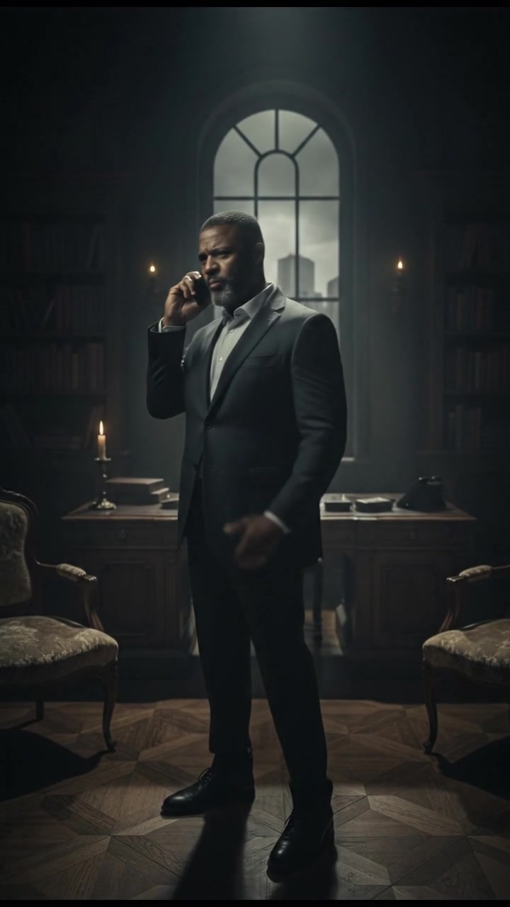 Kwame standing in a shadowy office, talking on the phone with a serious expression.
