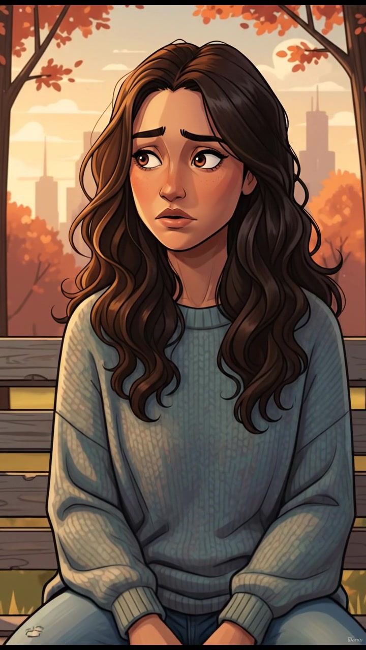 A close-up of Maya sitting on a park bench, looking tired with her hands on her lap.