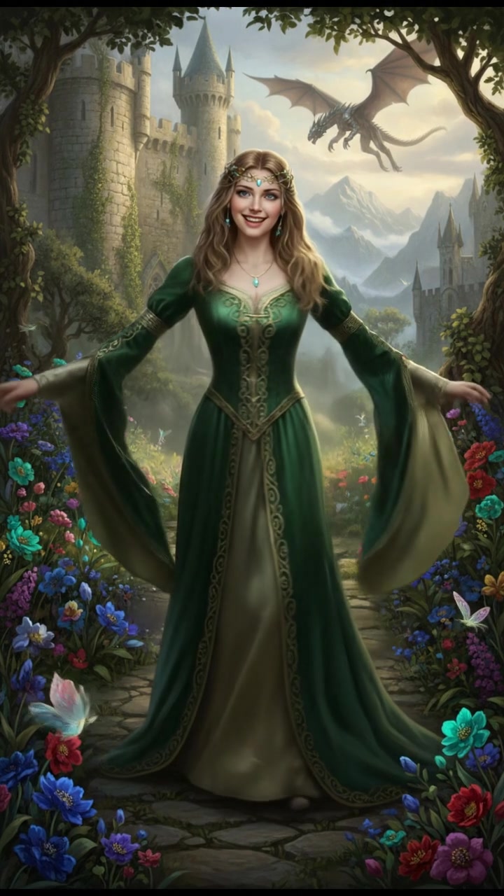 Ashley standing in a lush garden, smiling playfully with bright flowers around her.