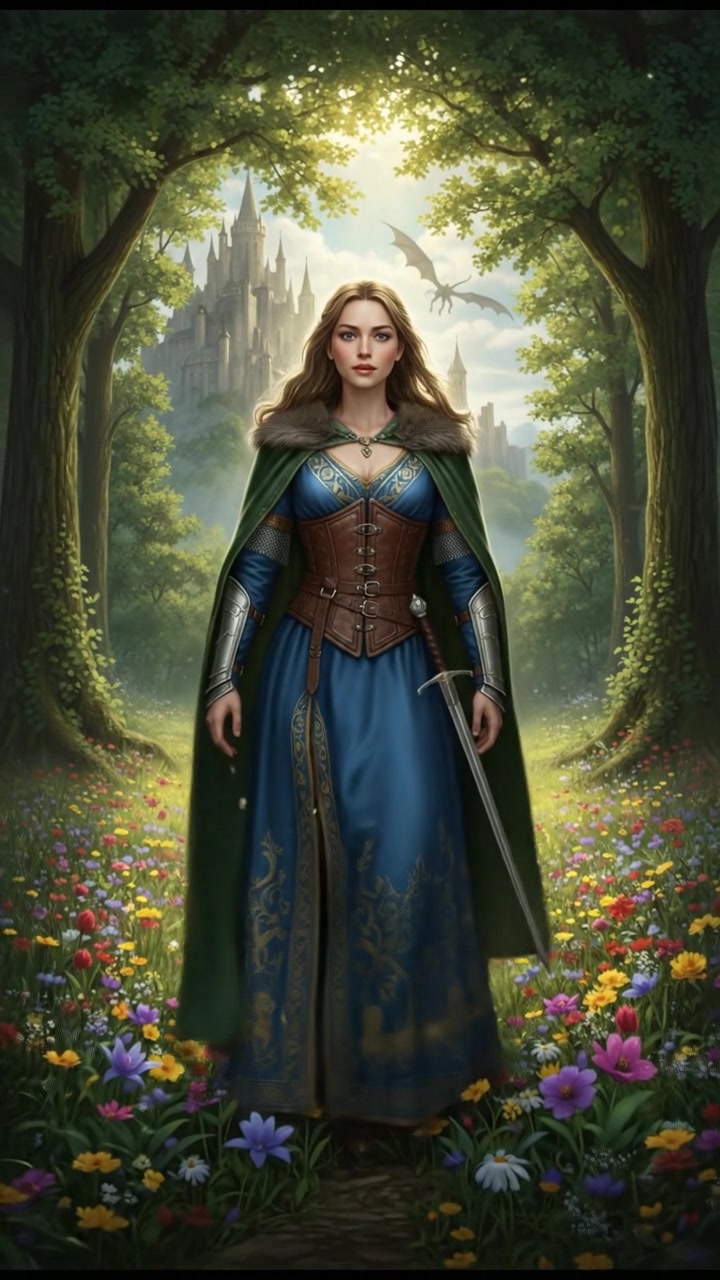 A sunny clearing in a forest with green trees and wildflowers, showcasing Ashley standing in the middle.