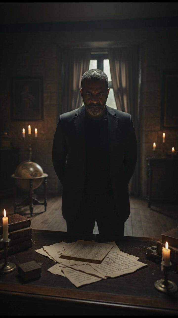 Kwame standing in an office, looking sternly at paperwork on his desk.