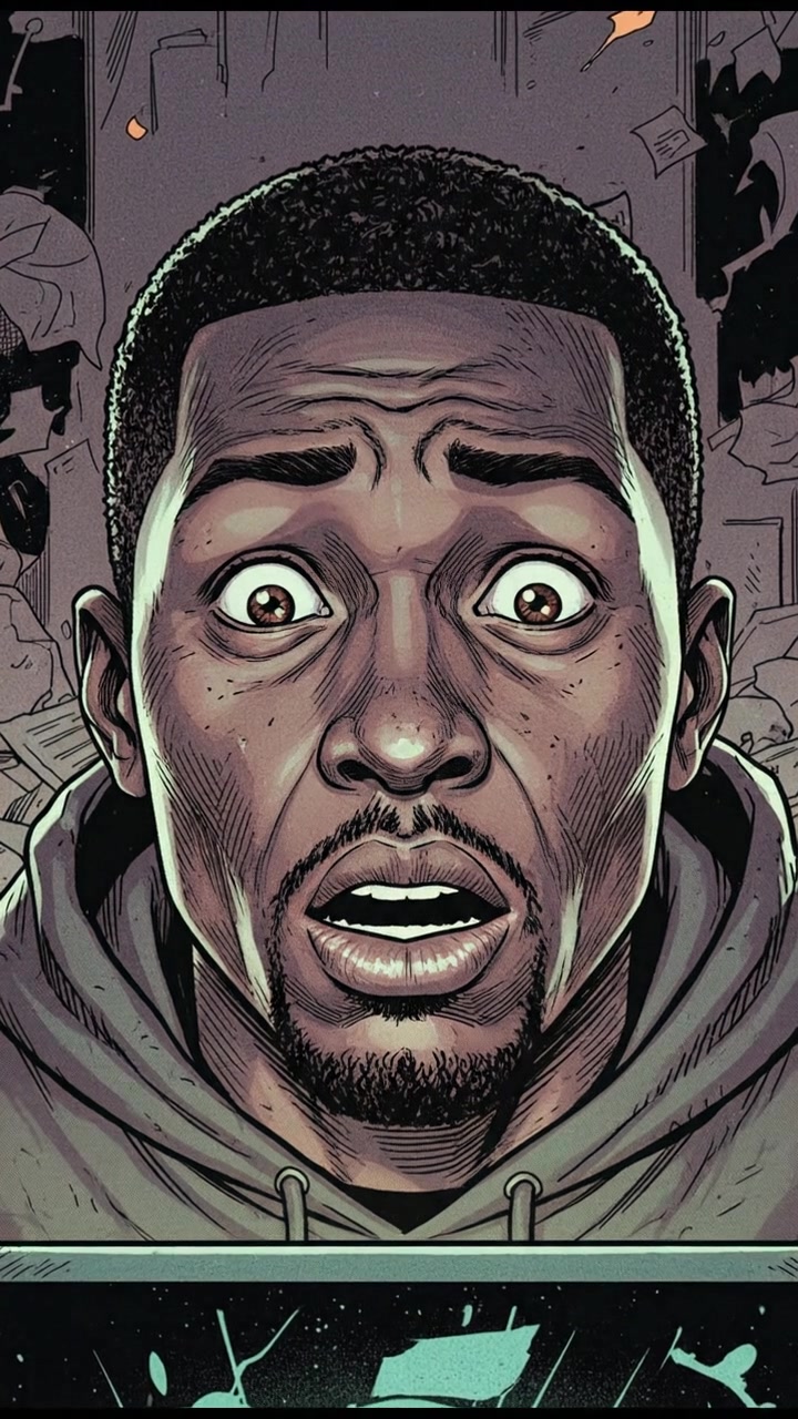 A close-up of Isaiah’s surprised expression as he stares at his computer screen.