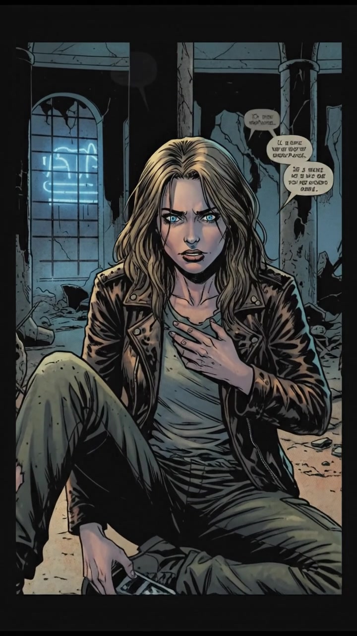 Ashley sitting in a dark room, staring at the floor, with a cautious expression.