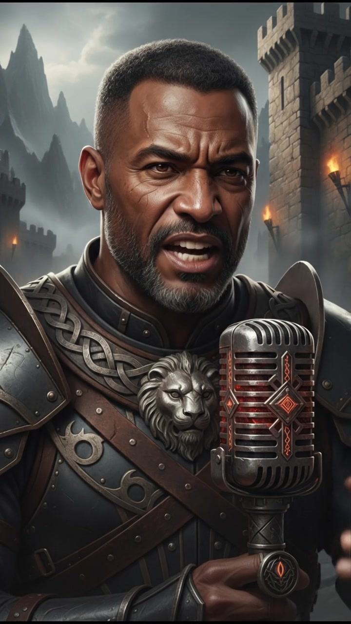 A dramatic close-up of Kwame's face, intense look as he speaks into a microphone.