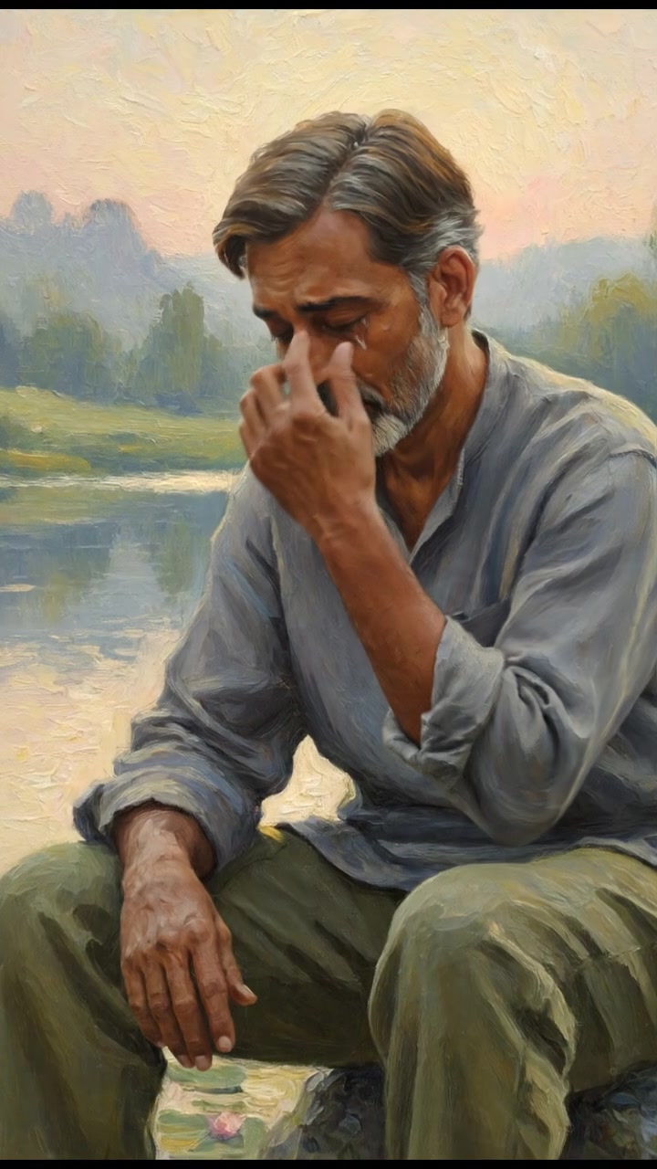 Raj with tears in his eyes, sitting on a rock in a serene landscape.