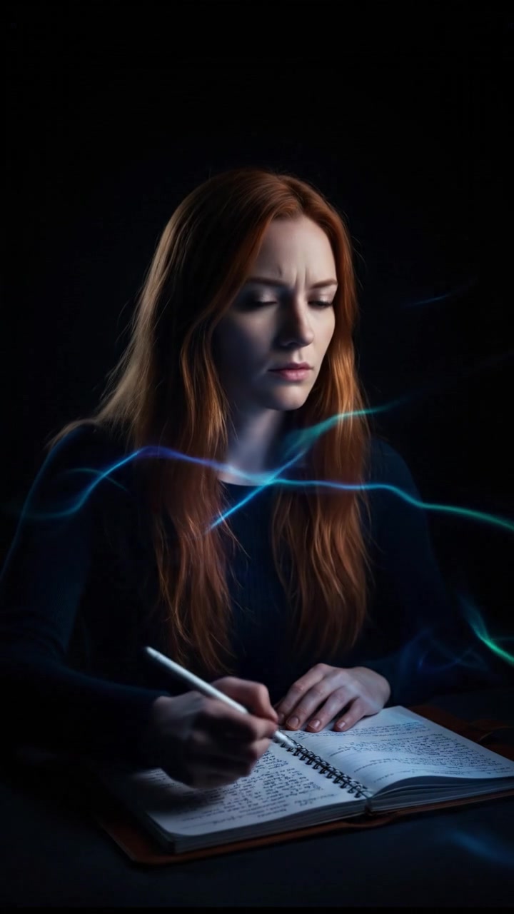 A focused shot of Emma listening intently, with her notebook open and a pen in hand.