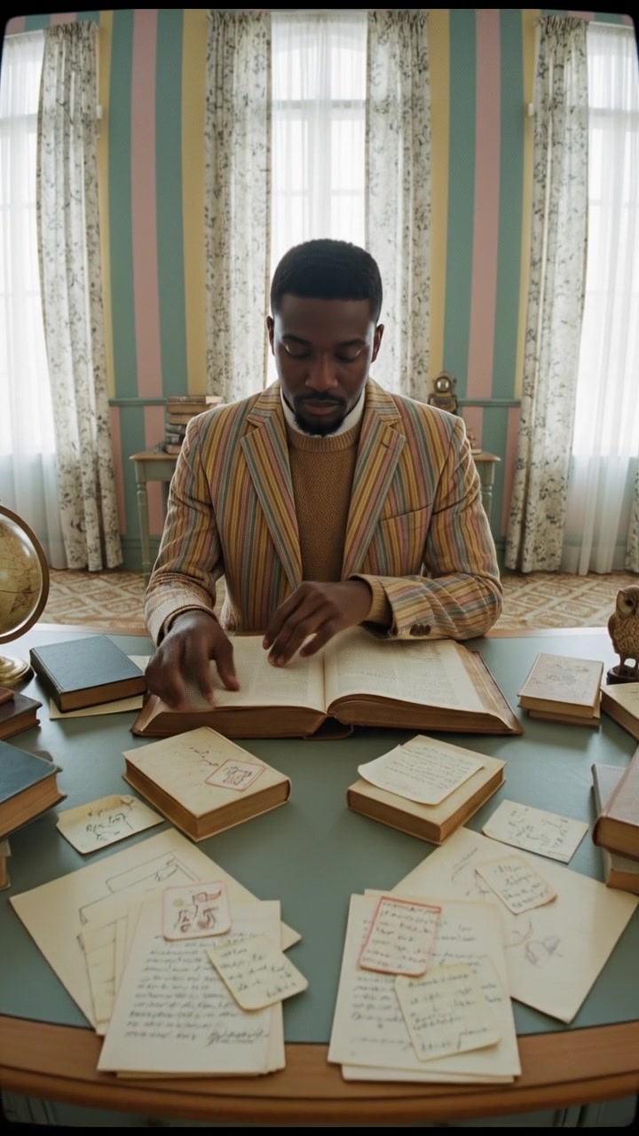 A focused Isaiah sitting at a desk, studying with books and notes spread around.