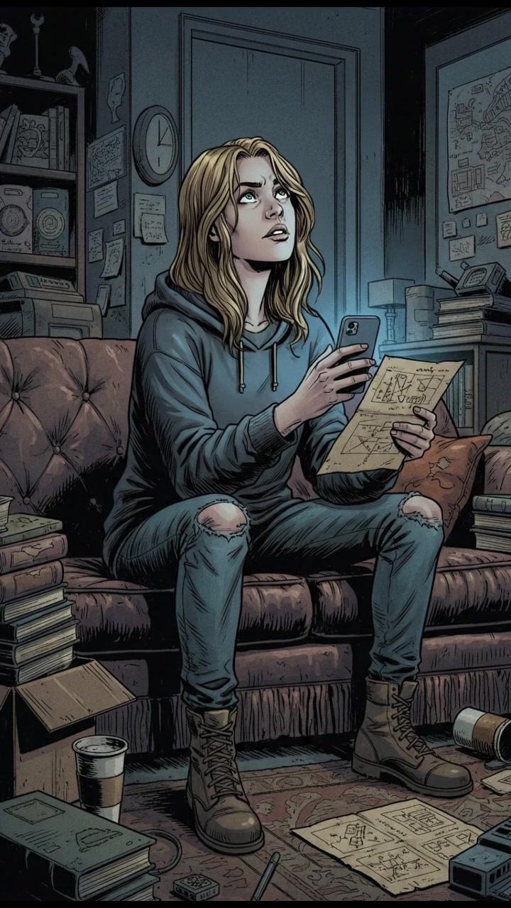 The Ashley sitting on a sofa, holding a smartphone, looking up resources.