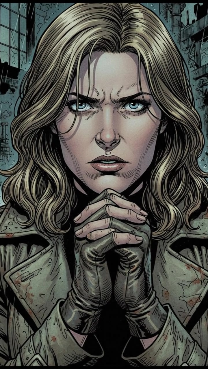 A close-up of the Ashley looking puzzled, her hands clasped together in thought.