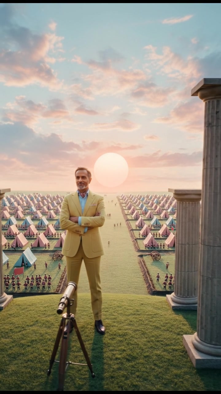 Raj standing proudly on a hilltop, overlooking a vast battlefield at sunset.