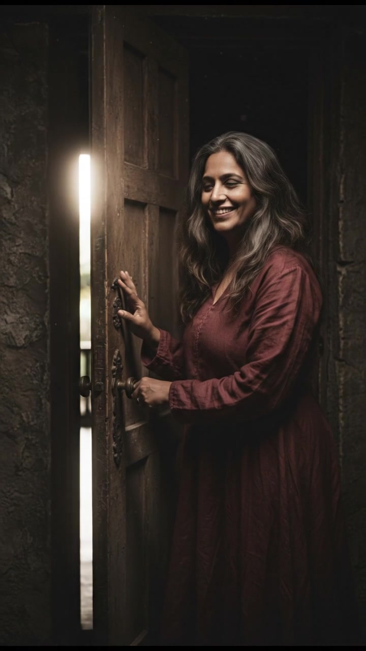 Asha standing near the door, smiling eagerly as she prepares to welcome a guest into her home.