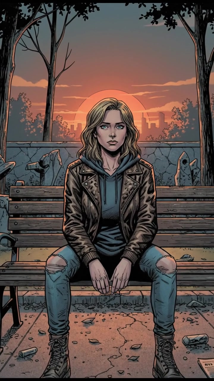 The Ashley sitting on a park bench at sunset, gazing thoughtfully at the horizon.