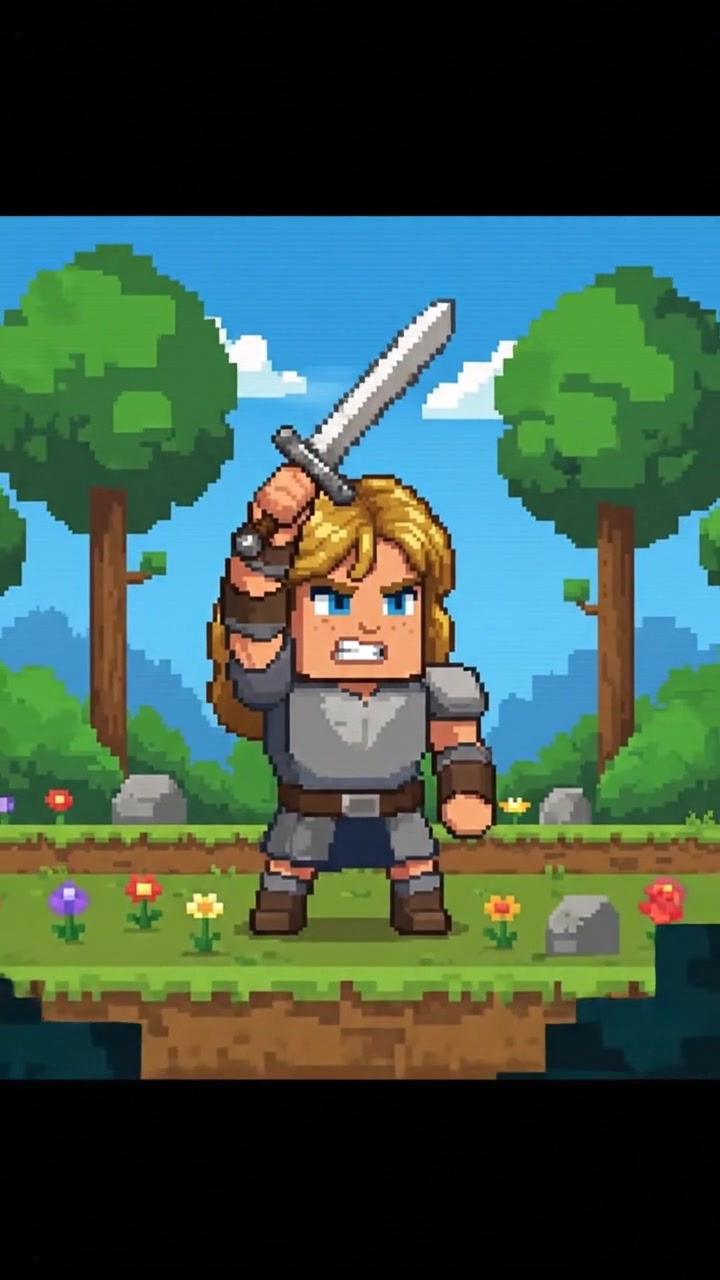 Ashley wearing a determined expression stands with a sword in her hand in a forest clearing.