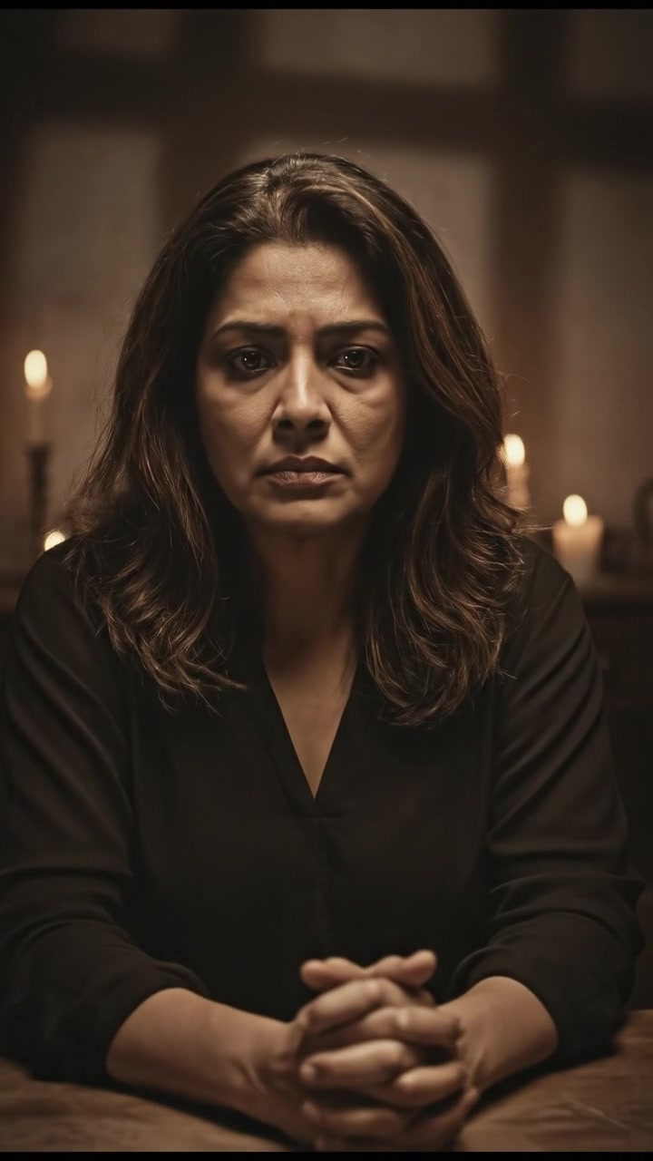 Asha sits at the kitchen table, looking worried, with her hands clasped together.