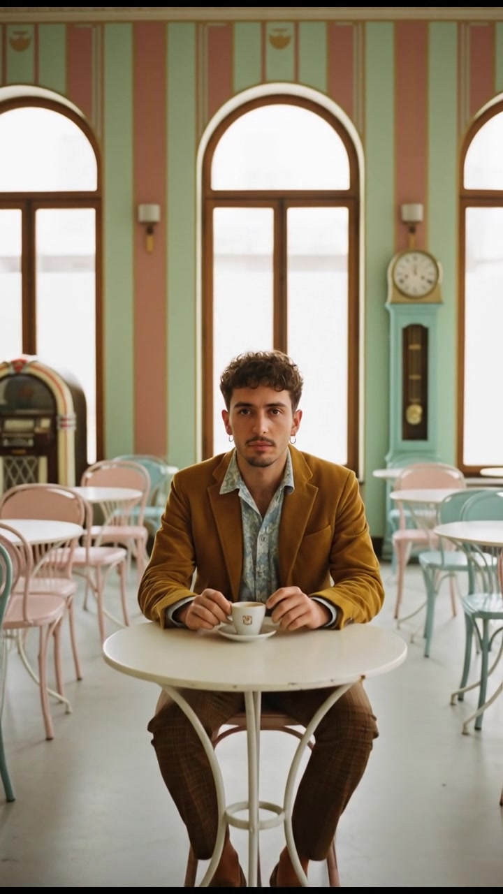 Mateo sitting at a café table, staring blankly at a cup of espresso, surrounded by empty chairs.