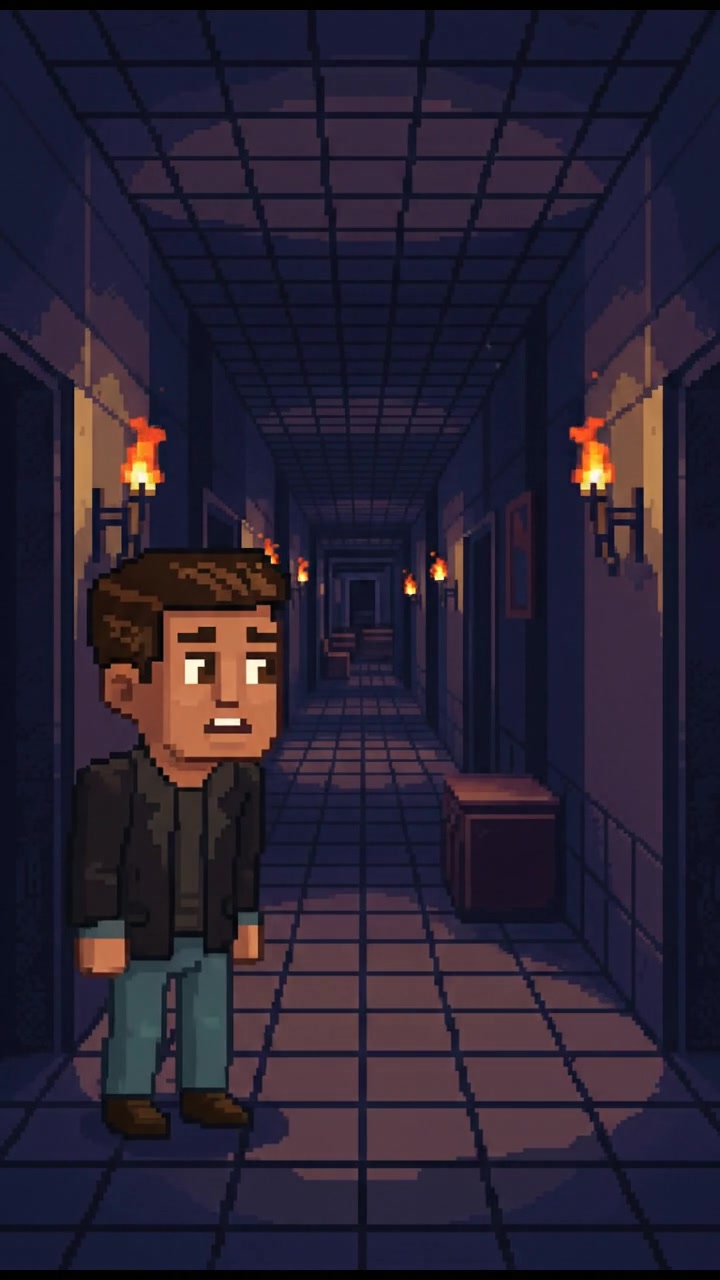 A dimly lit hallway with the Amir standing at the entrance, nervously looking around.