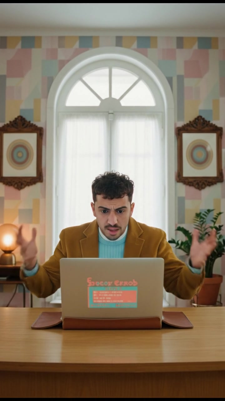 Mateo sitting at a desk with a laptop, looking frustrated as he reacts to something on the screen.
