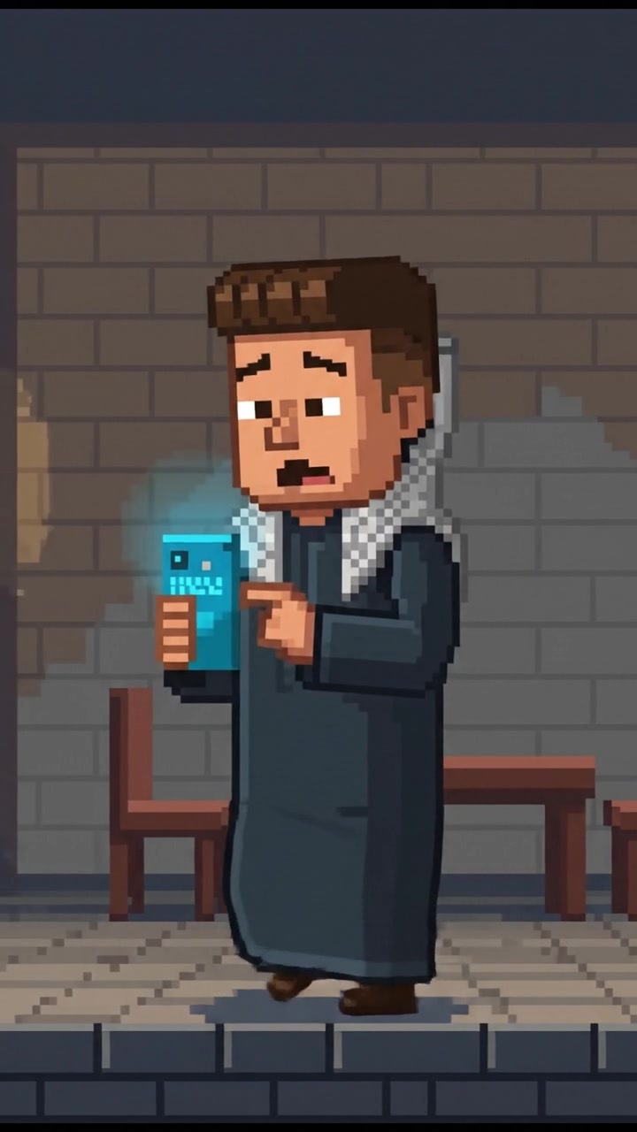 The Amir standing in a dimly lit room, looking at a smartphone with a concerned expression.