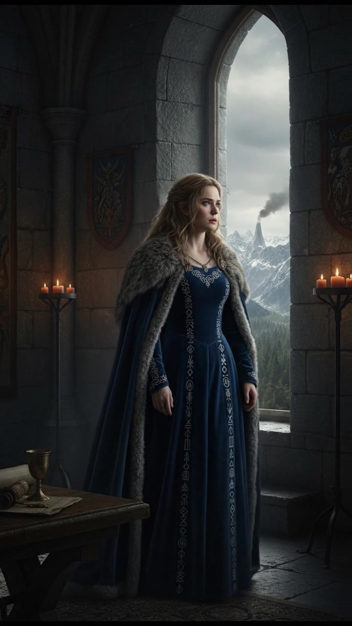 Ashley standing near a window, looking out with a worried expression, the room dimly lit.