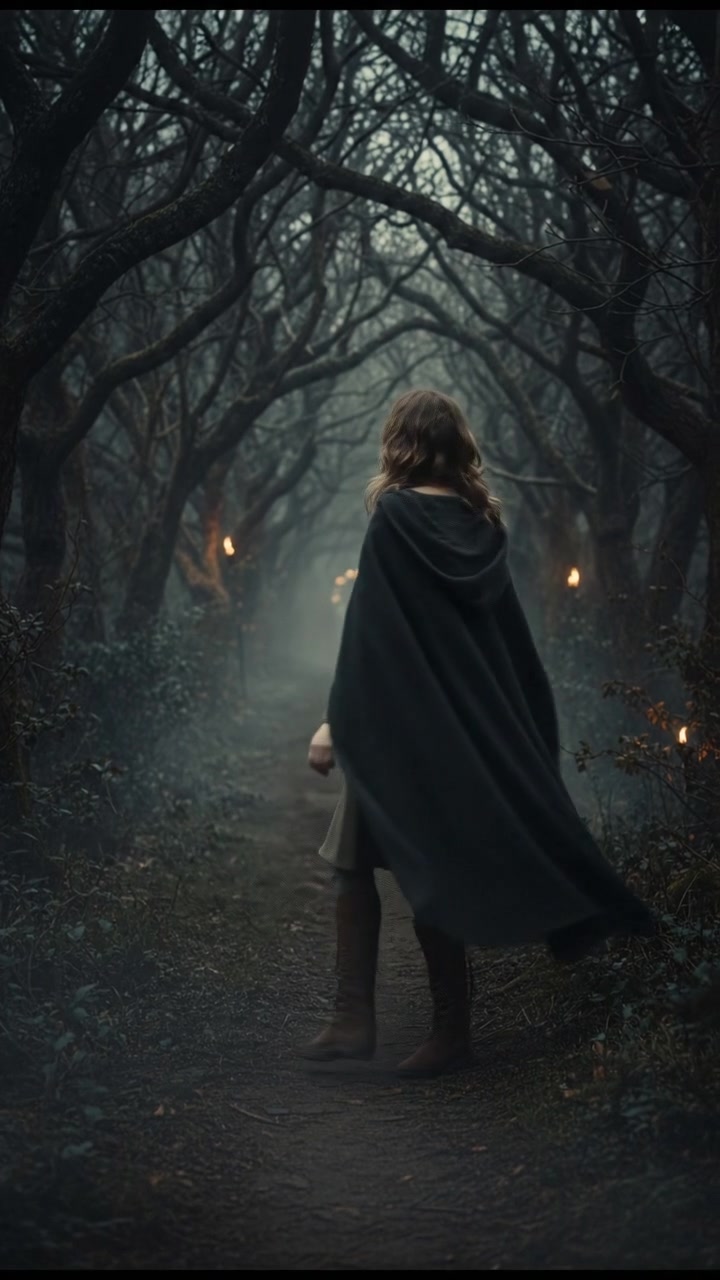 Ashley walking on a narrow path surrounded by trees, glancing back over her shoulder.