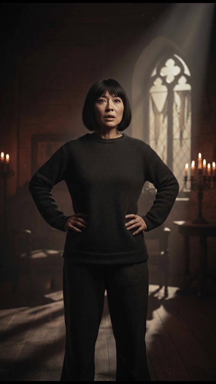 Li standing in a dimly lit room, looking surprised, with her hands on her hips.