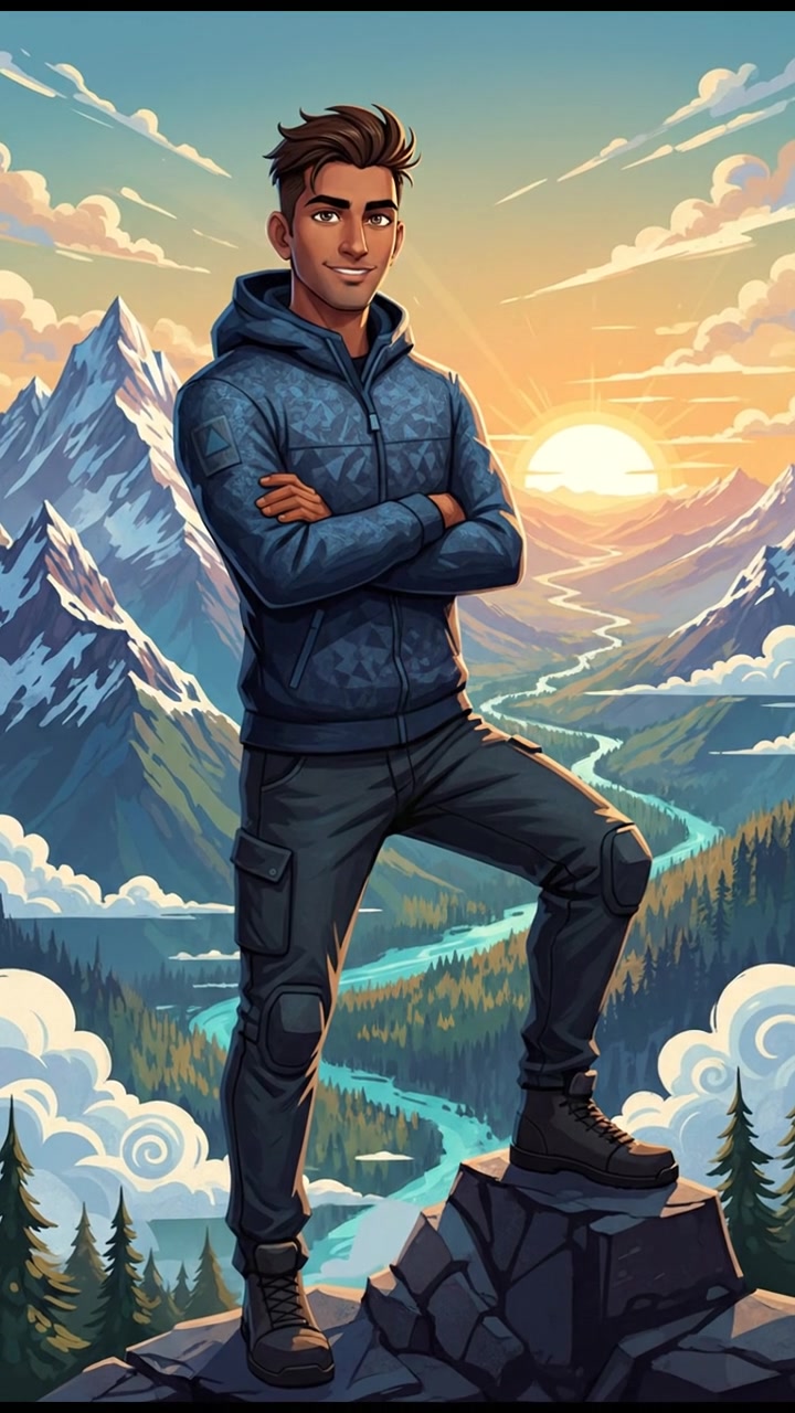 A close-up of Arjun standing confidently on a mountain peak, overlooking a vast landscape.