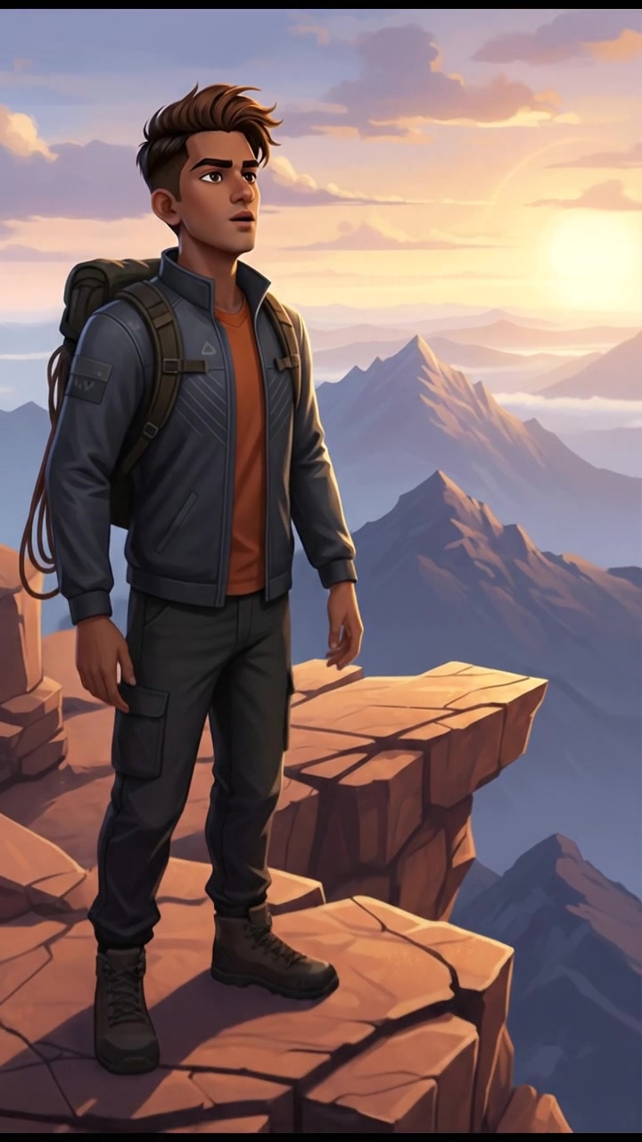A close-up of Arjun standing confidently at the edge of a rocky cliff, looking out toward distant mountains.